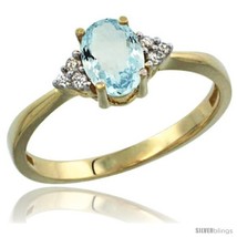 Size 8 - 14k Yellow Gold Ladies Natural Aquamarine Ring oval 7x5 Stone Diamond  - $394.51