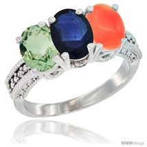 Size 7.5 - 10K White Gold Natural Green Amethyst, Blue Sapphire &amp; Coral Ring  - £448.11 GBP