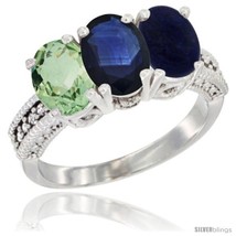 Size 7 - 10K White Gold Natural Green Amethyst, Blue Sapphire &amp; Lapis Ring  - £475.77 GBP