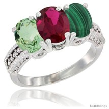 Size 6.5 - 10K White Gold Natural Green Amethyst, Ruby &amp; Malachite Ring 3-Stone  - £438.40 GBP