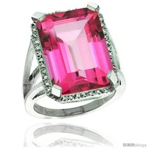 Size 10 - 14k White Gold Diamond Pink Topaz Ring 14.96 ct Emerald shape 18x13  - £869.15 GBP