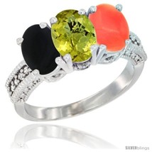 Size 6.5 - 14K White Gold Natural Black Onyx, Lemon Quartz &amp; Coral Ring 3-Stone  - $701.83