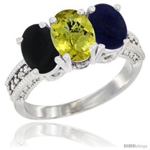 Size 5.5 - 14K White Gold Natural Black Onyx, Lemon Quartz &amp; Lapis Ring 3-Stone  - $696.49