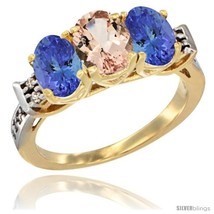 Size 6 - 10K Yellow Gold Natural Morganite &amp; Tanzanite Sides Ring 3-Stone Oval  - £528.75 GBP