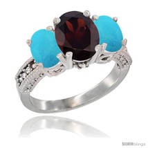 Size 5 - 14K White Gold Ladies 3-Stone Oval Natural Garnet Ring with Turquoise  - £638.77 GBP