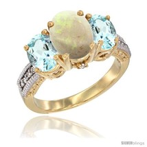 Size 7 - 14K Yellow Gold Ladies 3-Stone Oval Natural Opal Ring with Aquamarine  - £701.57 GBP