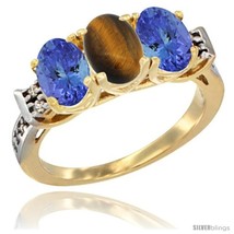 Size 9.5 - 10K Yellow Gold Natural Tiger Eye &amp; Tanzanite Sides Ring 3-Stone  - £496.97 GBP