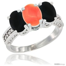 Size 6.5 - 14K White Gold Natural Coral &amp; Black Onyx Sides Ring 3-Stone 7x5 mm  - £555.58 GBP