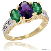 Size 10 - 14k Yellow Gold Ladies Oval Natural Amethyst 3-Stone Ring with  - £557.90 GBP