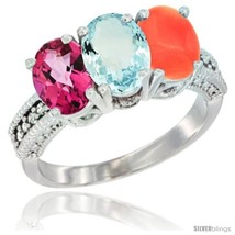 An item in the Jewelry & Watches category: Size 9.5 - 14K White Gold Natural Pink Topaz, Aquamarine & Coral Ring 3-Stone 