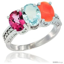 Size 8 - 14K White Gold Natural Pink Topaz, Aquamarine &amp; Coral Ring 3-Stone 7x5  - £563.08 GBP