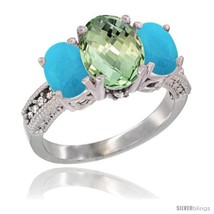 Size 9 - 14K White Gold Ladies 3-Stone Oval Natural Green Amethyst Ring with  - £673.92 GBP