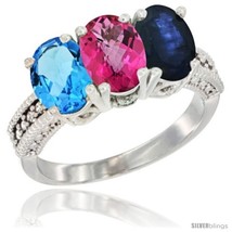 Size 8.5 - 10K White Gold Natural Swiss Blue Topaz, Pink Topaz &amp; Blue Sapphire  - £485.71 GBP