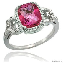 Size 6 - 14k White Gold Diamond Pink Topaz Ring 2 ct Checkerboard Cut Cushion  - £582.91 GBP