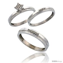 Size 9.5 - Sterling Silver Diamond Trio Wedding Ring Set His 4mm &amp; Hers 3mm  - £113.60 GBP