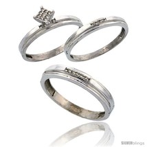 Size 6.5 - Sterling Silver Diamond Trio Wedding Ring Set His 4mm &amp; Hers 3mm  - £106.23 GBP