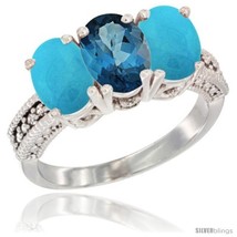 Size 9.5 - 14K White Gold Natural London Blue Topaz &amp; Turquoise Sides Ring  - £619.74 GBP