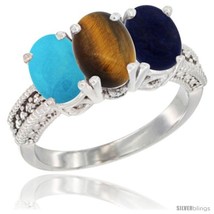 Size 7.5 - 14K White Gold Natural Turquoise, Tiger Eye &amp; Lapis Ring 3-Stone 7x5  - £576.71 GBP