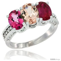 Size 7 - 14K White Gold Natural Pink Topaz, Morganite &amp; Ruby Ring 3-Stone 7x5  - £599.87 GBP