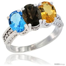 Size 5 - 10K White Gold Natural Swiss Blue Topaz, Smoky Topaz &amp; Citrine Ring  - £440.92 GBP