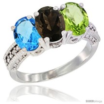 Size 5.5 - 10K White Gold Natural Swiss Blue Topaz, Smoky Topaz &amp; Peridot Ring  - £445.04 GBP