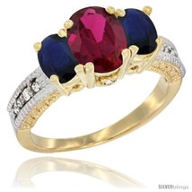 4k yellow gold ladies oval natural ruby 3 stone ring blue sapphire sides diamond accent thumb200