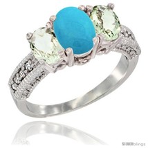 Size 6.5 - 10K White Gold Ladies Oval Natural Turquoise 3-Stone Ring with Green  - £449.81 GBP