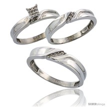 Size 8 - Sterling Silver Diamond Trio Wedding Ring Set His 5mm &amp; Hers 3.5mm  - £135.73 GBP