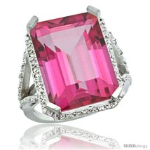 Size 9 - 14k White Gold Diamond Pink Topaz Ring 14.96 ct Emerald shape 18x13  - £880.39 GBP