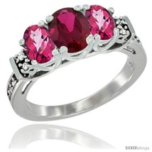 Size 9.5 - 14K White Gold Natural High Quality Ruby &amp; Pink Topaz Ring 3-Stone  - $722.09