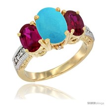 Size 9 - 14K Yellow Gold Ladies 3-Stone Oval Natural Turquoise Ring with Ruby  - £681.43 GBP
