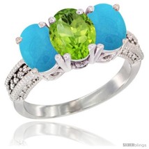 Size 7 - 14K White Gold Natural Peridot &amp; Turquoise Sides Ring 3-Stone 7x5 mm  - £615.85 GBP