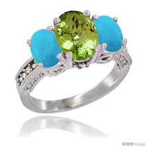 Size 9.5 - 14K White Gold Ladies 3-Stone Oval Natural Peridot Ring with  - £673.92 GBP