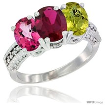 Size 7.5 - 14K White Gold Natural Pink Topaz, Ruby &amp; Lemon Quartz Ring 3-Stone  - £579.77 GBP