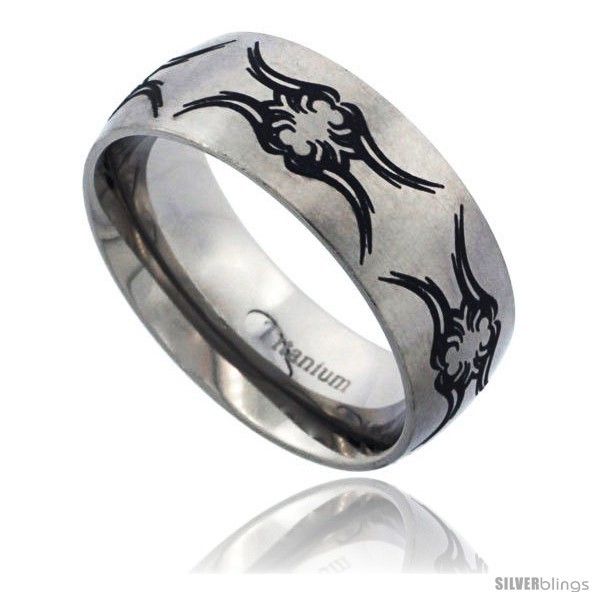 Primary image for Size 12 - Titanium 8mm Dome Wedding Band Ring Black Laser Etched Tribal Fly 