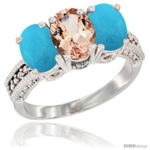 Size 9.5 - 14K White Gold Natural Morganite &amp; Turquoise Sides Ring 3-Stone 7x5  - £614.48 GBP