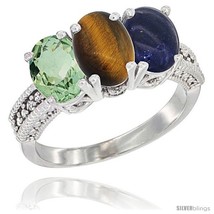 Size 5.5 - 10K White Gold Natural Green Amethyst, Tiger Eye &amp; Lapis Ring  - £411.40 GBP