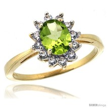 Size 6 - 10k Yellow Gold Diamond Halo Peridot Ring 0.85 ct Oval Stone 7x5 mm,  - £551.91 GBP