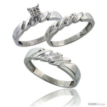 Size 8.5 - Sterling Silver Diamond Trio Wedding Ring Set His 5mm &amp; Hers 4mm  - £123.23 GBP