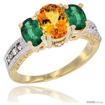 Size 10 - 14k Yellow Gold Ladies Oval Natural Citrine 3-Stone Ring with Emerald  - £596.28 GBP