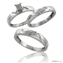 Size 6.5 - Sterling Silver Diamond Trio Wedding Ring Set His 4.5mm &amp; Hers 4mm  - £123.18 GBP