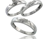 Sterling silver diamond trio wedding ring set his 4 5mm hers 4mm rhodium finish thumb155 crop
