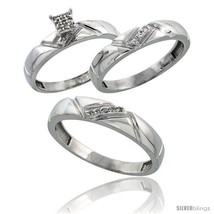 Size 10 - Sterling Silver Diamond Trio Wedding Ring Set His 4.5mm &amp; Hers 4mm  - £123.18 GBP