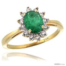 Size 7 - 14k Yellow Gold Diamond Halo Emerald Ring 0.85 ct Oval Stone 7x5 mm,  - £511.45 GBP