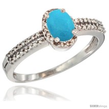 Size 9.5 - 14k White Gold Ladies Natural Turquoise Ring oval 6x4 Stone Diamond  - £475.73 GBP