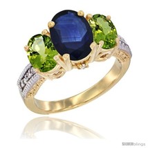 Size 5.5 - 10K Yellow Gold Ladies 3-Stone Oval Natural Blue Sapphire Ring with  - £563.81 GBP