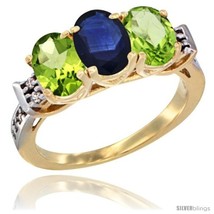 Size 8.5 - 10K Yellow Gold Natural Blue Sapphire &amp; Peridot Sides Ring 3-Stone  - £482.62 GBP