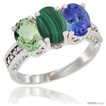 Size 6 - 10K White Gold Natural Green Amethyst, Malachite &amp; Tanzanite Ring  - £474.99 GBP