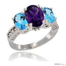 Size 8 - 10K White Gold Ladies Natural Amethyst Oval 3 Stone Ring with Swiss  - £484.66 GBP