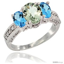 Size 6 - 10K White Gold Ladies Oval Natural Green Amethyst 3-Stone Ring with  - £425.74 GBP